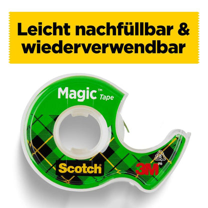È mostrato un dispenser manuale verde per nastro adesivo invisibile Scotch® Magic™ della 3M Deutschland GmbH, con due rotoli (19 mm x 12 m + 3,2 m gratis). Banner giallo: "Facile da ricaricare e riutilizzabile. Perfetto per nastro invisibile".