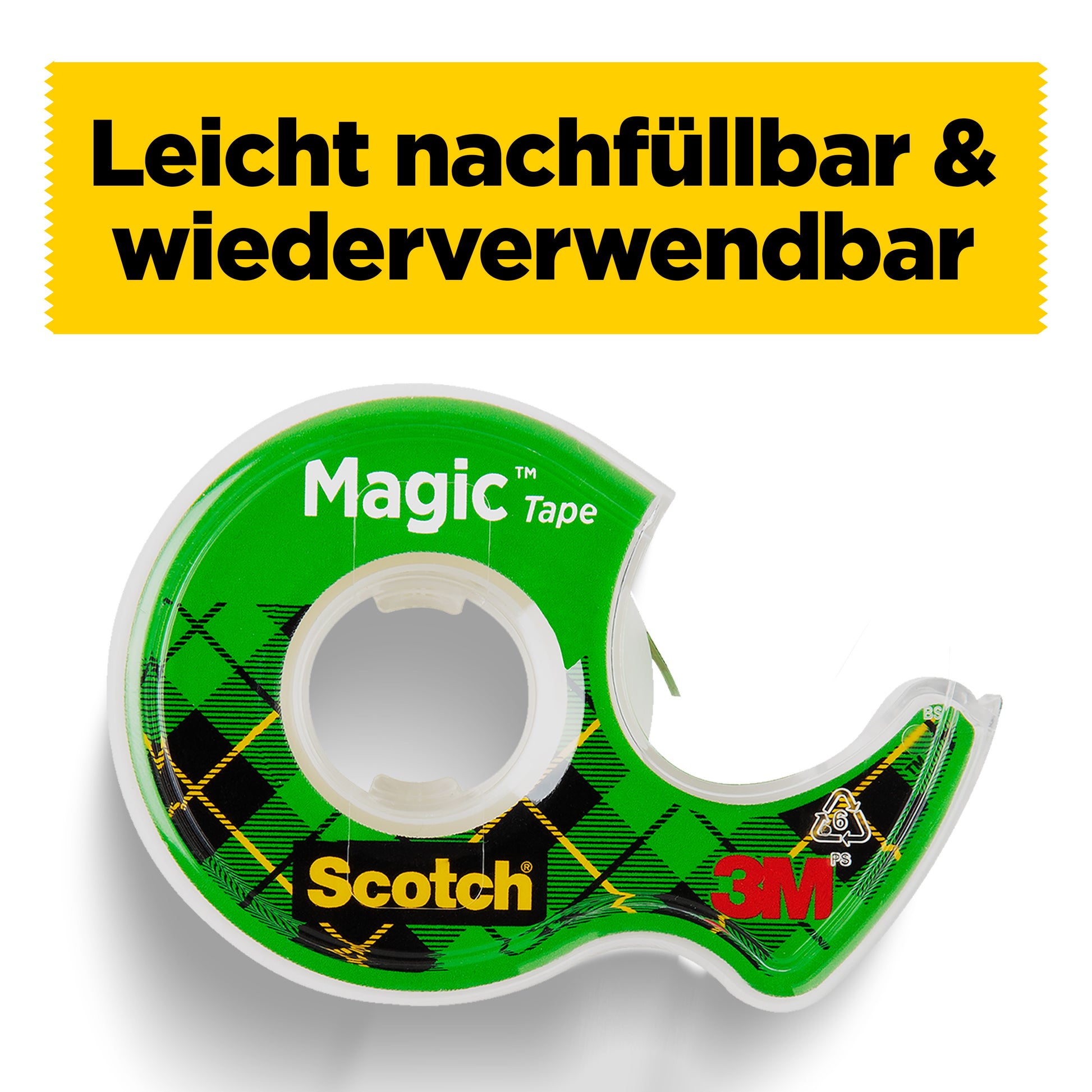 Unter einem gelben Banner mit der Aufschrift "Leicht nachfüllbar & wiederverwendbar" in fetter schwarzer Schrift sind zwei Rollen Scotch® Magic™ Unsichtbares Klebeband (19 mm x 7,5 m) sowie ein kostenloser Spender der 3M Deutschland GmbH abgebildet.
