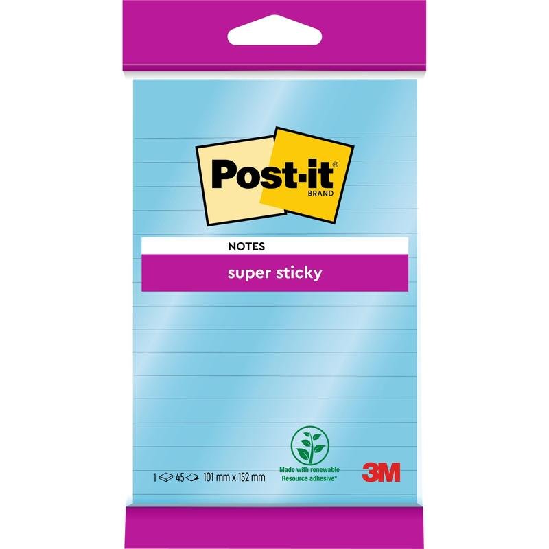 Una confezione di Post-it® Super Sticky Notes in formato grande, rigate, 102 mm x 152 mm, 45 fogli/blocco, di 3M Deutschland GmbH, con tenuta extra forte e sigillo 100% PEFC sulla confezione.
