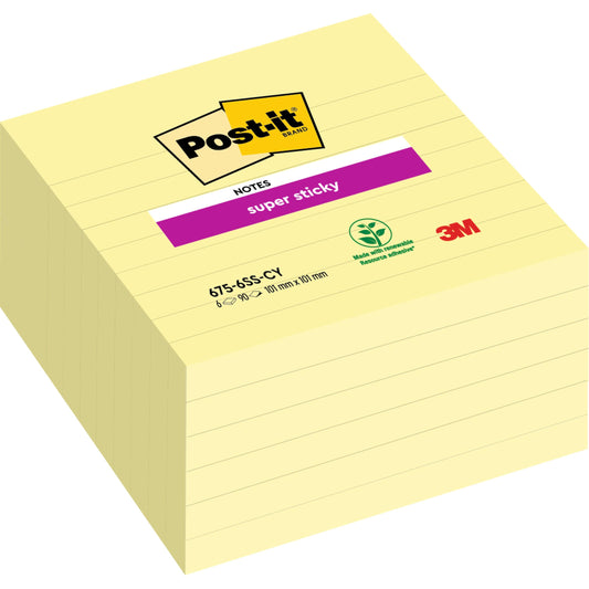 Ein Stapel Post-it® Super Sticky Notes im Großformat (101 mm x 101 mm, 90 Blatt/Block, 100% PEFC) der 3M Deutschland GmbH, mit gelben linierten Blättern und Logos.
