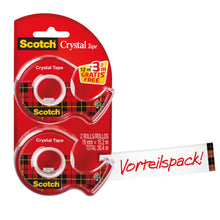 Eine Packung mit zwei 3M Scotch® Crystal Klebeband-Rollen (19 mm x 12 m) auf Spendern plus 3,2 m gratis, beschriftet mit "Vorteilspack!" und Produktinformation der 3M Deutschland GmbH.