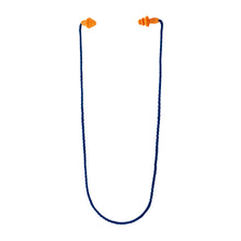 Ein Paar orangefarbene 3M™ Gehörschutzstöpsel mit Kordel 1271 (Drei-Flansch-Design, SNR 26 dB, wiederverwendbar) von 3M Deutschland GmbH, verbunden mit einer blauen Schnur und vor weißem Hintergrund dargestellt.