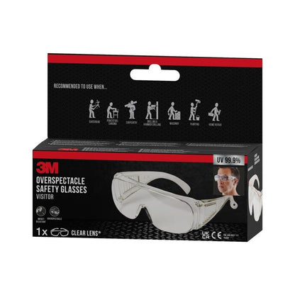 Una scatola di occhiali protettivi 3M™ Visitor, lente trasparente di 3M Deutschland GmbH contiene simboli per giardinaggio, levigatura, chimica e pittura. Sulla confezione è indicata una protezione UV del 99,9%.
