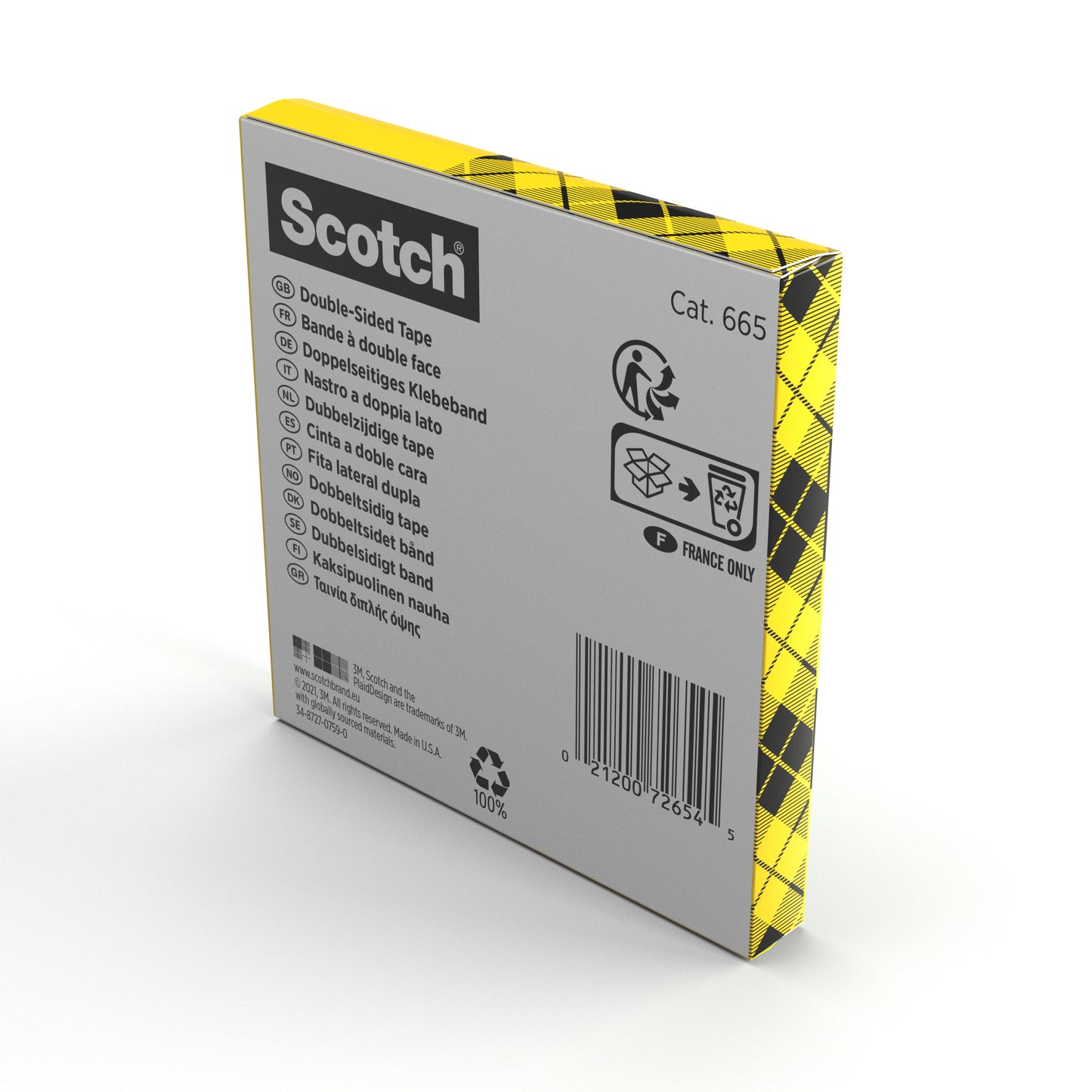 Eine Verpackung der 3M Deutschland GmbH Scotch® doppelseitiges Klebeband (1 Rolle, 12 mm x 33 m) zeigt auf der Rückseite mehrsprachige Informationen, Barcode und Recycling-Symbole. Die Verpackung hat ein gelb-schwarz kariertes Design.