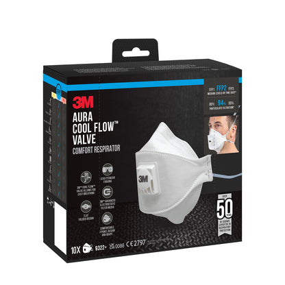 Una scatola di 3M™ Aura™ Comfort Cool Flow™ Maschera antiparticolato 9322+, FFP2, con valvola di 3M Deutschland GmbH, con una maschera bianca con valvola. La scatola contiene l'indicazione "50 pezzi singoli" e dettagli sulle funzioni di filtrazione e protezione.