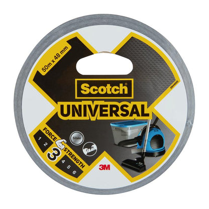 Un rotolo di nastro adesivo Scotch® Universal 2904 della 3M Deutschland GmbH, argento, 50 m x 48 mm, con etichette raffiguranti un aspirapolvere e un cestino e livello di forza 3.