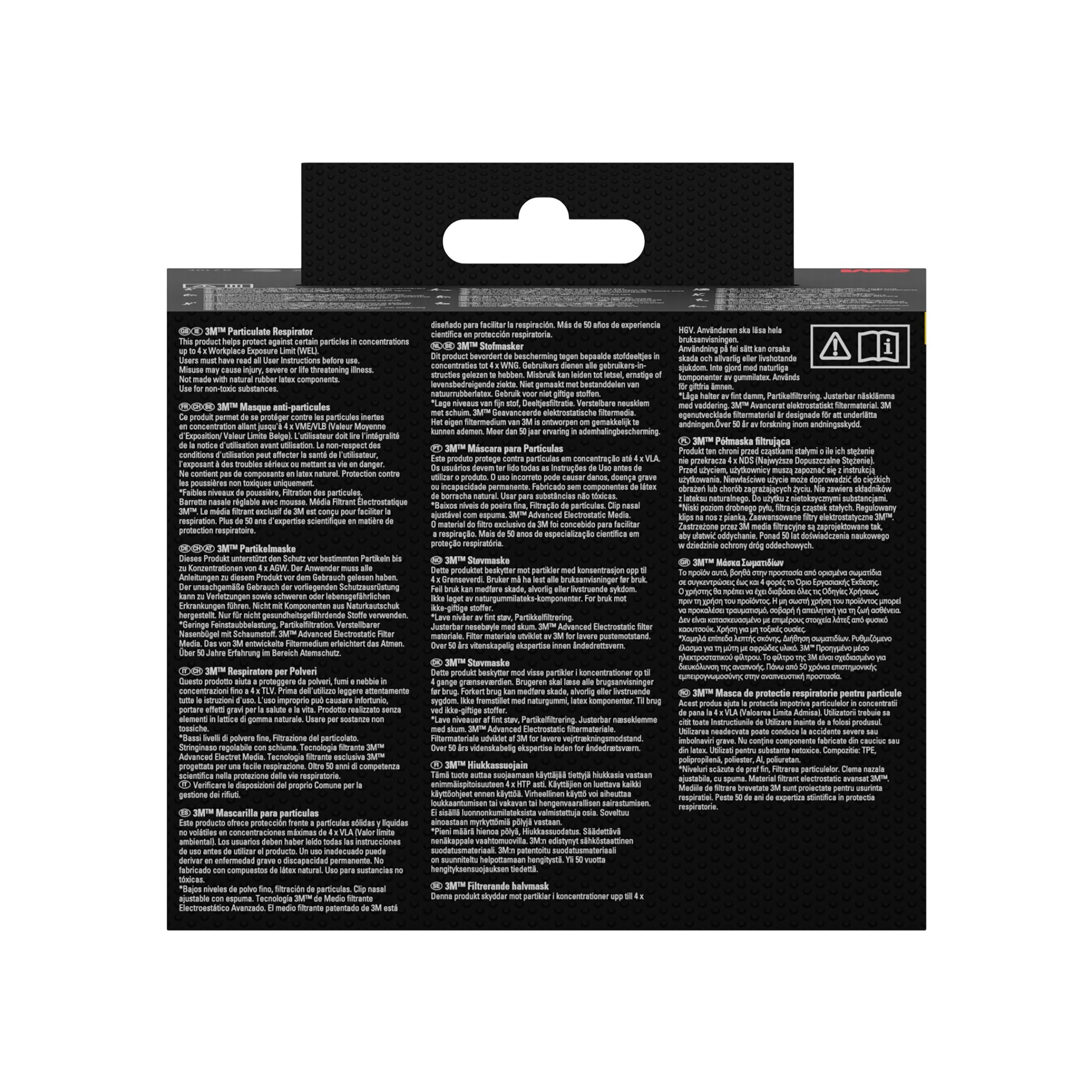 Die Abbildung zeigt die Rückseite der 3M™ Quick Latch-Atemschutzmaske 6502QLKIT-1 Packung (von 3M Deutschland GmbH) mit einer mehrsprachigen Anleitung auf schwarzem Hintergrund, weißem Text und einer oben hängenden Ausschnittlasche.