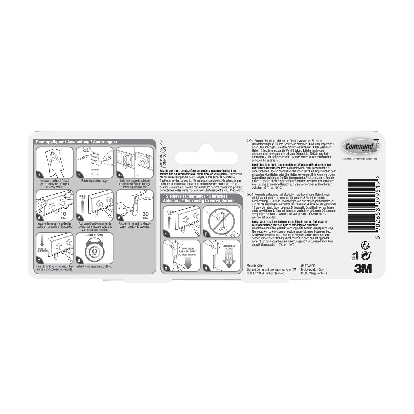 Rückseite der Command™ Schlüsselleiste aus Quarz, HOM18-Q von 3M Deutschland GmbH mit bebilderter Schritt-für-Schritt-Montageanleitung, mehrsprachigen Hinweisen, Barcode, Recycling-Symbolen und 3M-Markenzeichen auf weißem Hintergrund.