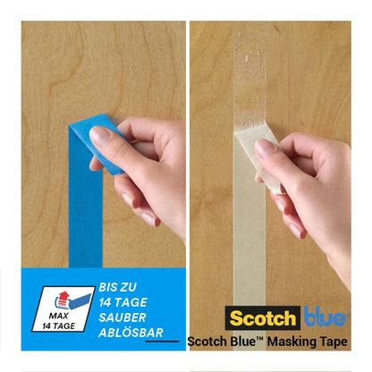 Una mano stacca il nastro adesivo per pittori ScotchBlue™ "Multi-Surface" di 3M Deutschland GmbH dal legno (a sinistra) e un nastro adesivo beige (a destra). ScotchBlue™ non lascia residui, mentre il nastro beige lascia residui bianchi. Testi e loghi sono raffigurati in basso.