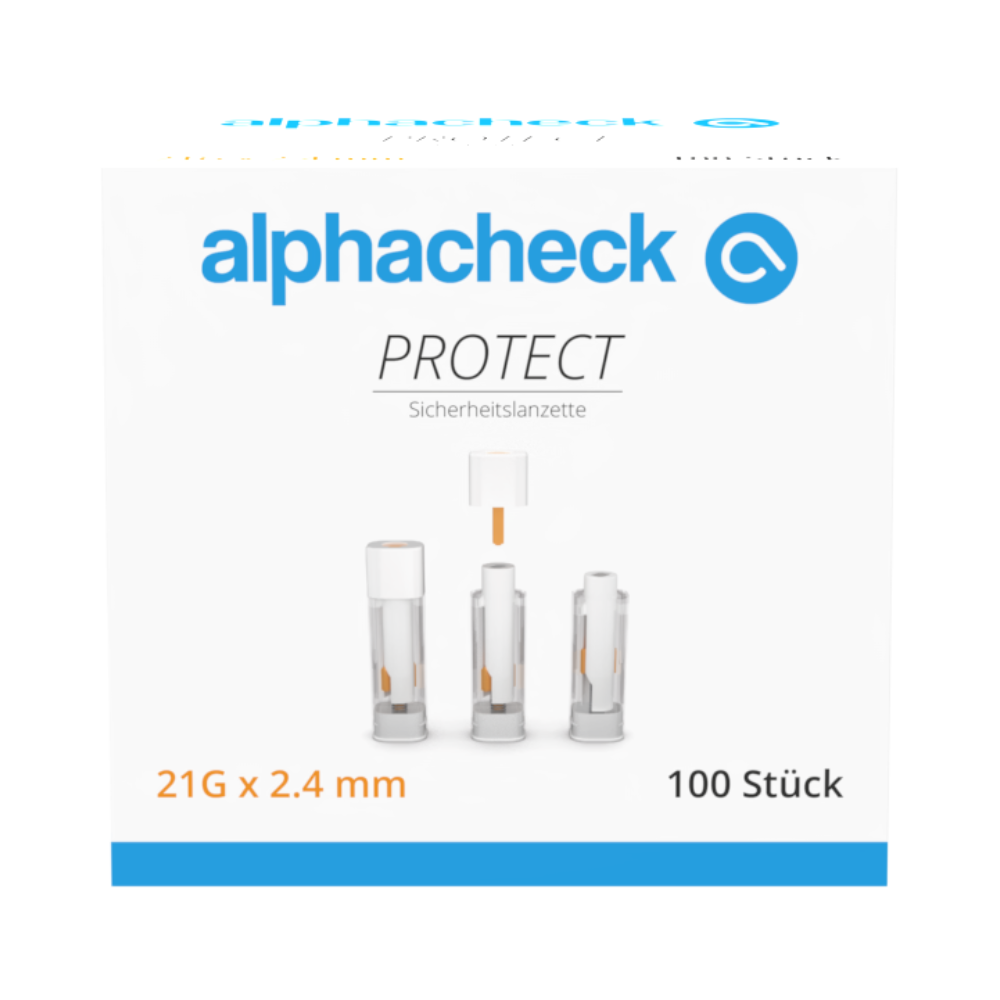 Scatola con 100 lancette di sicurezza Alphacheck PROTECT, 21G x 2,4 mm, della Berger Med GmbH. La parte anteriore mostra il nome del prodotto, il logo e le illustrazioni della lancetta in tre fasi, sottolineando così il prelievo di sangue con meno dolore.
