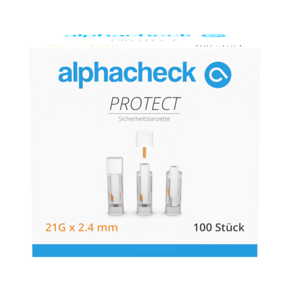 Scatola con 100 lancette di sicurezza Alphacheck PROTECT, 21G x 2,4 mm, della Berger Med GmbH. La parte anteriore mostra il nome del prodotto, il logo e le illustrazioni della lancetta in tre fasi, sottolineando così il prelievo di sangue con meno dolore.