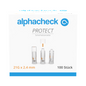 Schachtel mit 100 Alphacheck PROTECT Sicherheitslanzetten, 21G x 2,4 mm, von Berger Med GmbH. Die Vorderseite zeigt Produktnamen, Logo und Abbildungen der Lanzette in drei Stufen und betont so die schmerzarme Blutentnahme.