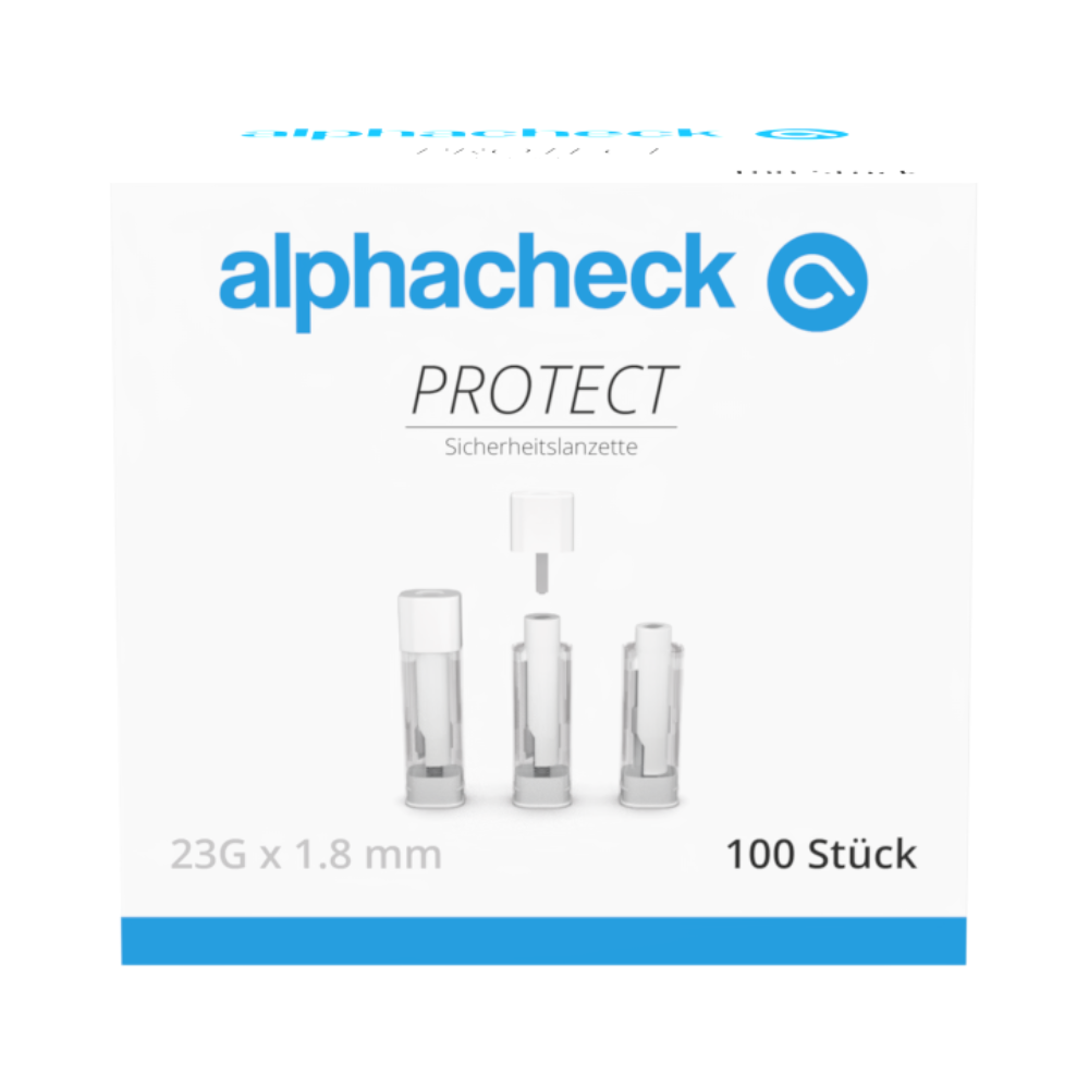 Una scatola bianca con accenti blu e grigi riporta la scritta "alphacheck PROTECT" della Berger Med GmbH e mostra le lancette di sicurezza Alphacheck PROTECT per il prelievo di sangue con meno dolore con la scritta "23G x 1,8 mm" e "100 pezzi" sul davanti.