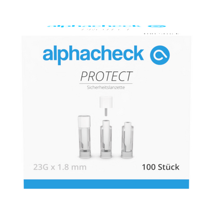 Una scatola bianca con accenti blu e grigi riporta la scritta "alphacheck PROTECT" della Berger Med GmbH e mostra le lancette di sicurezza Alphacheck PROTECT per il prelievo di sangue con meno dolore con la scritta "23G x 1,8 mm" e "100 pezzi" sul davanti.