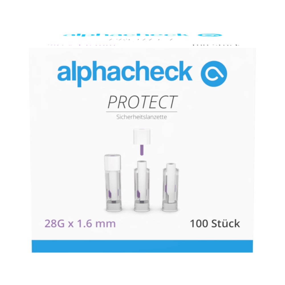 Una scatola con la scritta "alphacheck PROTECT" della Berger Med GmbH contiene 100 lancette di sicurezza Alphacheck PROTECT (28G x 1,6 mm) per il prelievo di sangue con meno dolore. La parte anteriore mostra tre lancette con testo in tedesco e inglese.