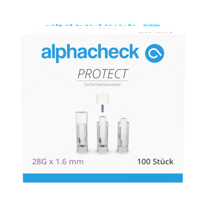 Una scatola con la scritta "alphacheck PROTECT" della Berger Med GmbH contiene 100 lancette di sicurezza Alphacheck PROTECT (28G x 1,6 mm) per il prelievo di sangue con meno dolore. La parte anteriore mostra tre lancette con testo in tedesco e inglese.