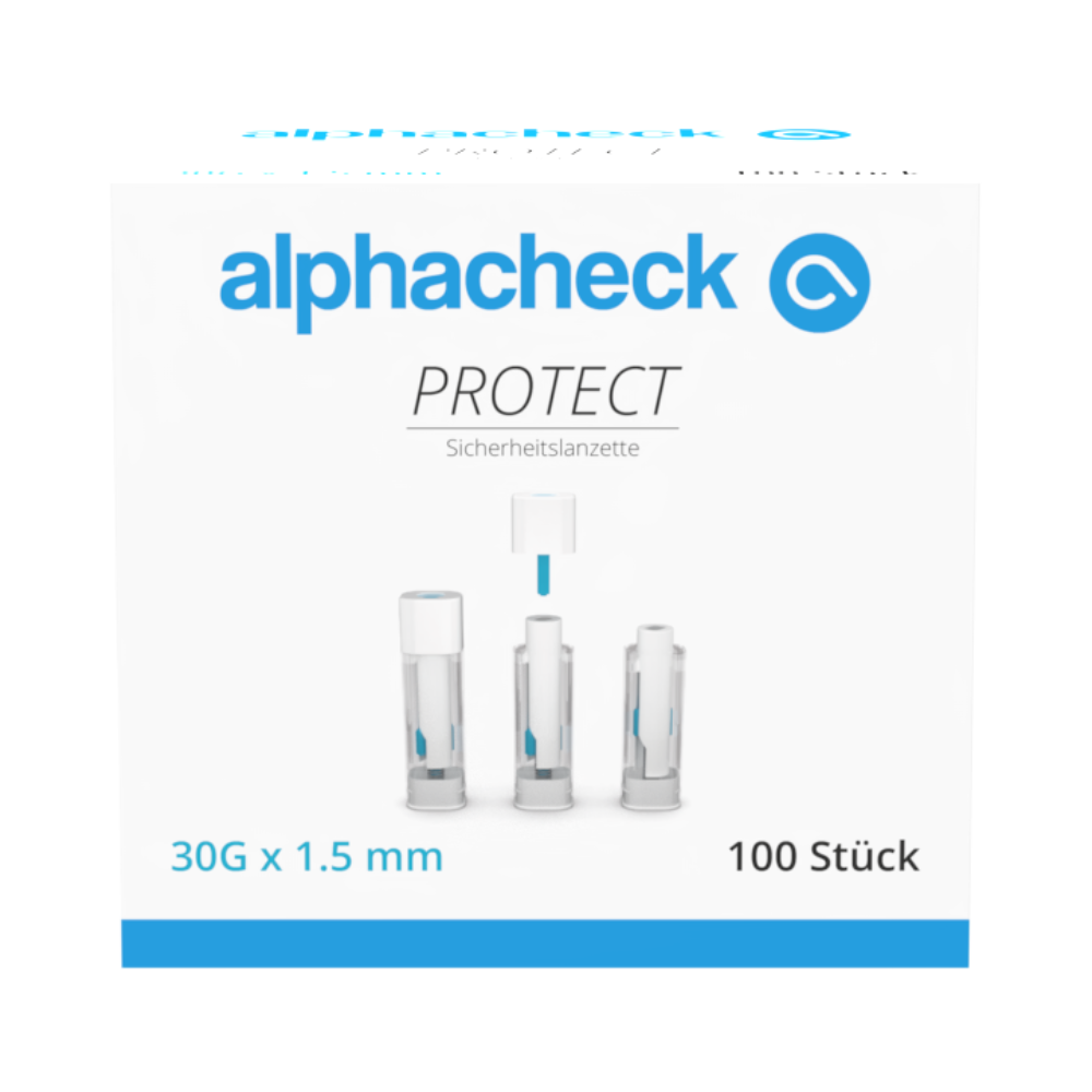 Una scatola di lancette di sicurezza Alphacheck PROTECT (30G x 1,5 mm, 100 pezzi) della Berger Med GmbH per il prelievo di sangue con meno dolore; tre lancette con cappucci di protezione e logo alphacheck su sfondo bianco.
