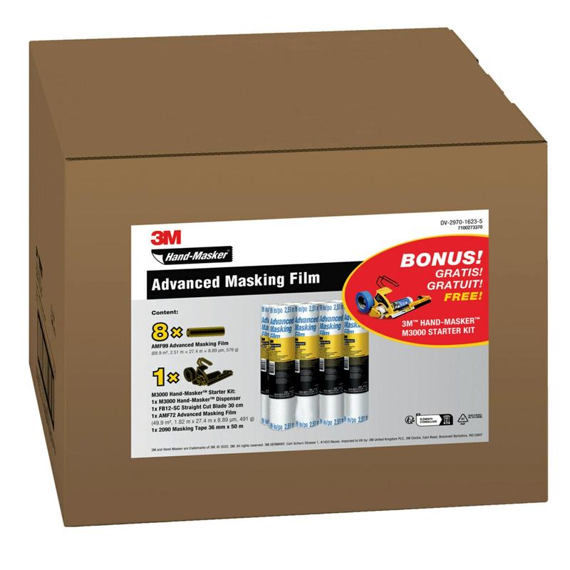 Pellicola per mascheratura 3M™ Hand-Masker™ AMF99, PACCHETTO PROMO, 251 cm x 27,4 m, 8 rotoli + kit iniziale 3M™ Hand-Masker™ M3000 GRATUITO | Confezione (1 set)