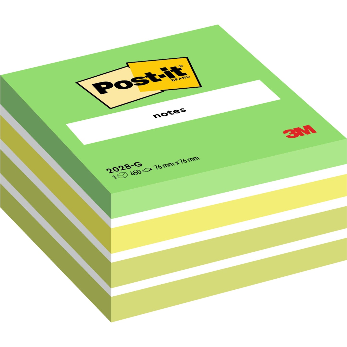 Un cubo di note adesive Post-it® verde e giallo (76 mm x 76 mm, 450 fogli per blocco, 100% PEFC) della 3M Deutschland GmbH, con il logo Post-it e le informazioni sul prodotto sulla confezione.