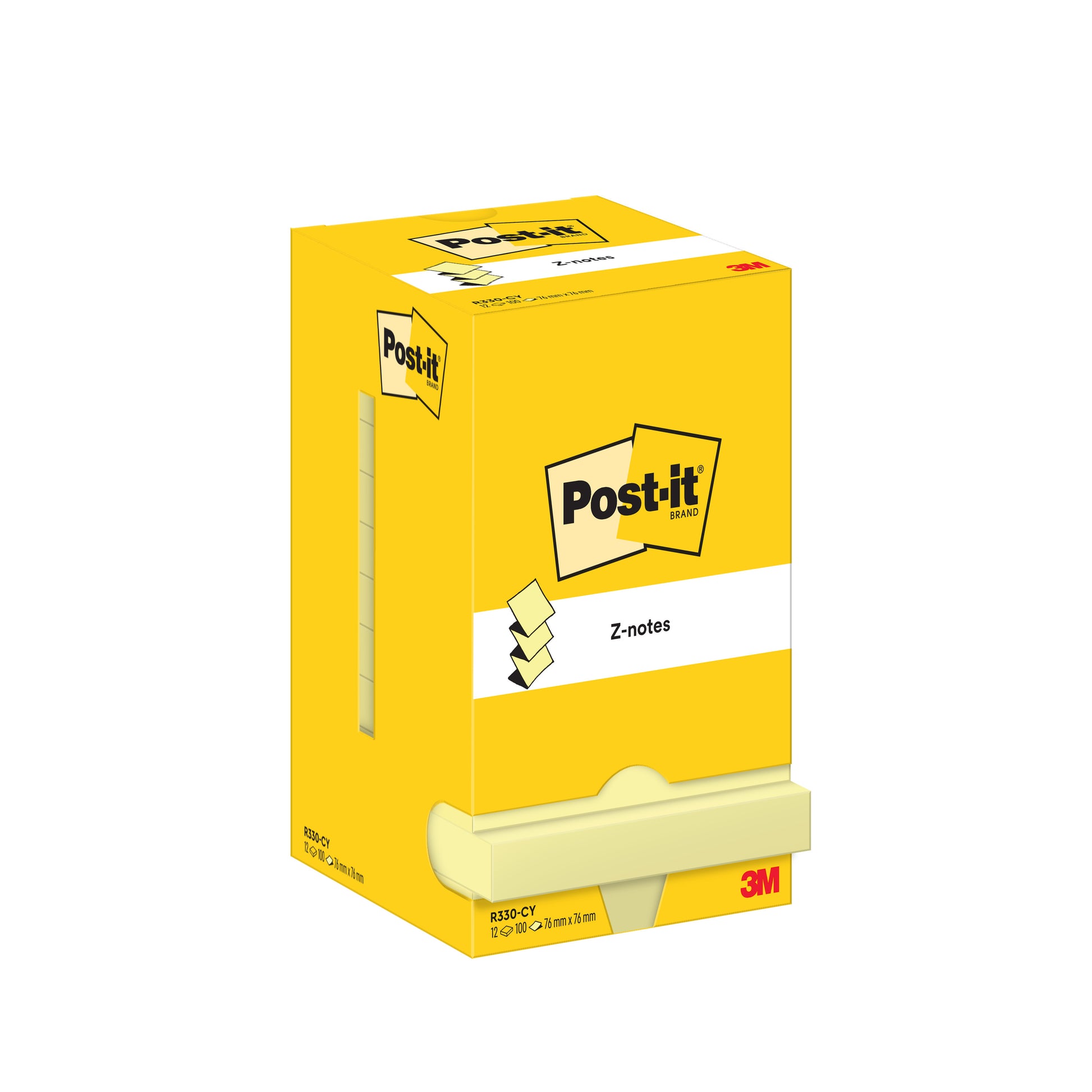 Eine gelbe Schachtel Post-it® Super Sticky Z-Notes von 3M Deutschland GmbH, 76x76mm, mit 100 Blatt pro Block und 12 Blöcken pro Packung in PEFC-zertifizierter Kartonverpackung, mit leicht zu verteilenden Zetteln im Akkordeonstil.
