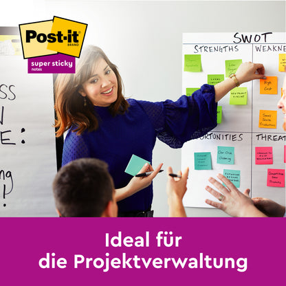 Eine Frau deutet auf ein SWOT-Diagramm, das mit gelben Post-it® Notizzetteln (76x76 mm, 90 Blatt/Block, 6 Blöcke/Packung, 100% PEFC) der 3M Deutschland GmbH beklebt ist, während andere zusehen. Der Text lautet: "Ideal für die Projektverwaltung.