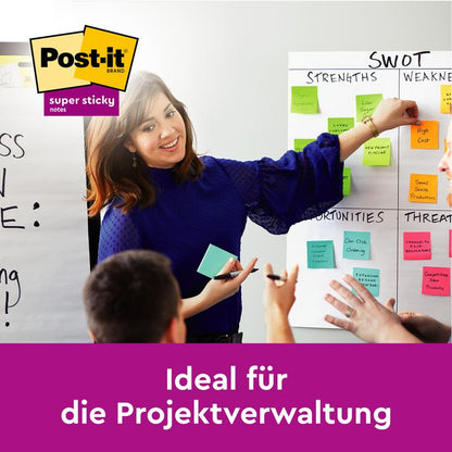 Una donna conduce una riunione di progetto e fa riferimento a un diagramma SWOT con colorati Post-it® Super Sticky Z-Notes (76x76mm). I colleghi discutono attivamente. Marchio della 3M Deutschland GmbH, 14 blocchi più 2 gratis per confezione, 100% certificato PEFC.