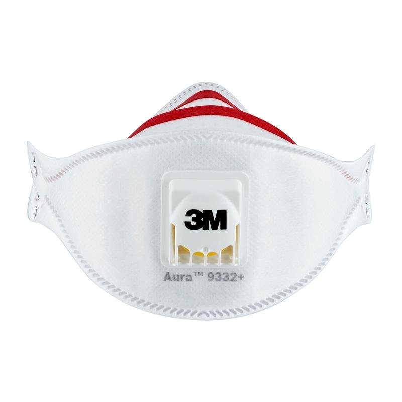 Vista frontale della maschera antiparticolato 3M™ Aura™ Comfort Cool Flow™ 9332+, FFP3, di 3M Deutschland GmbH, con valvola centrale, cuciture visibili, bande rosse e indicazioni di marca e modello stampate.