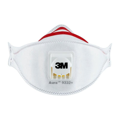 Vista frontale della maschera antiparticolato 3M™ Aura™ Comfort Cool Flow™ 9332+, FFP3, di 3M Deutschland GmbH, con valvola centrale, cuciture visibili, bande rosse e indicazioni di marca e modello stampate.