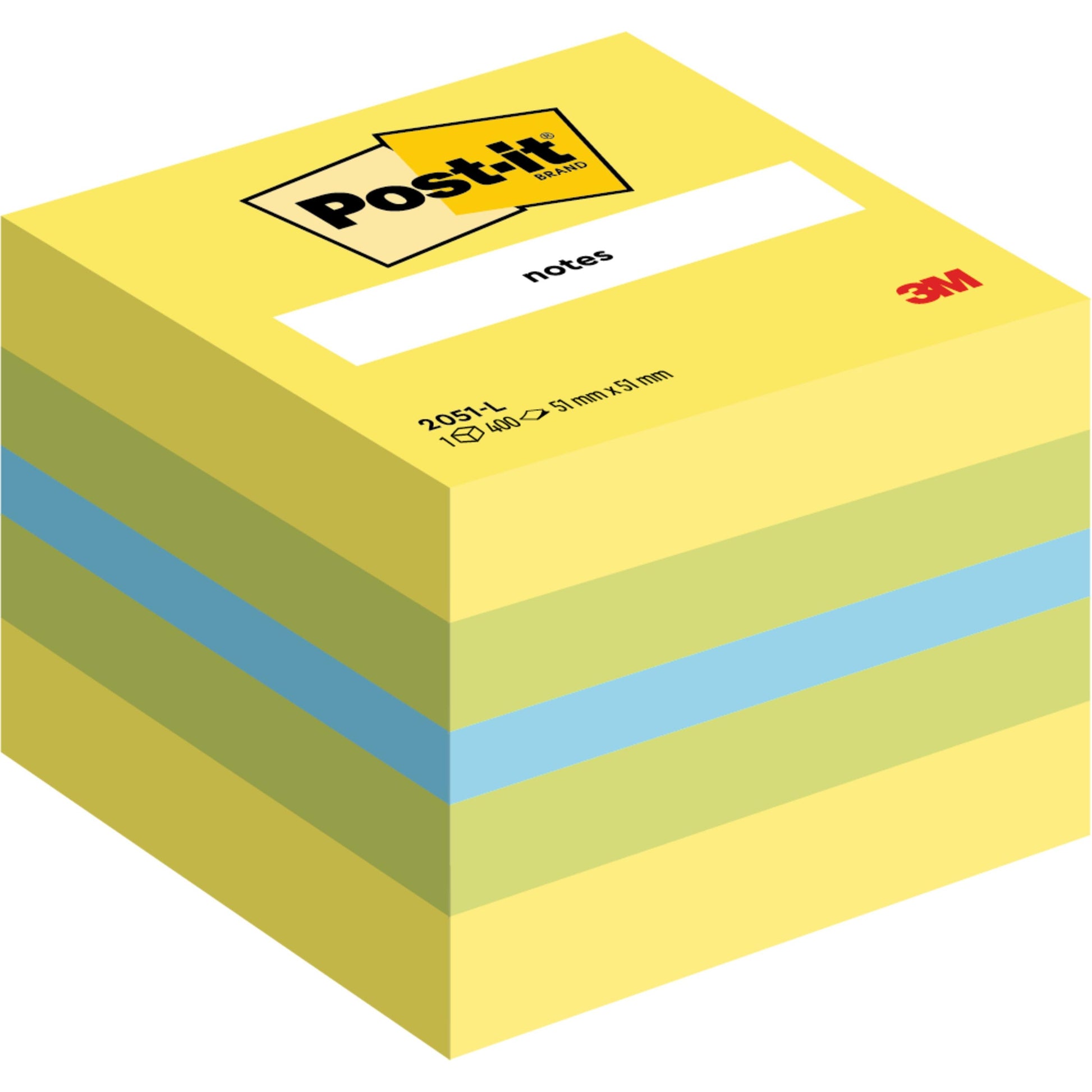 Ein Stapel Post-it® Notes Mini Würfel, 51 mm x 51 mm, 400 Blatt/Block von 3M Deutschland GmbH, hauptsächlich gelb mit zwei blauen Blättern in der Mitte. Das oberste Etikett zeigt die Logos und Produktinfos.