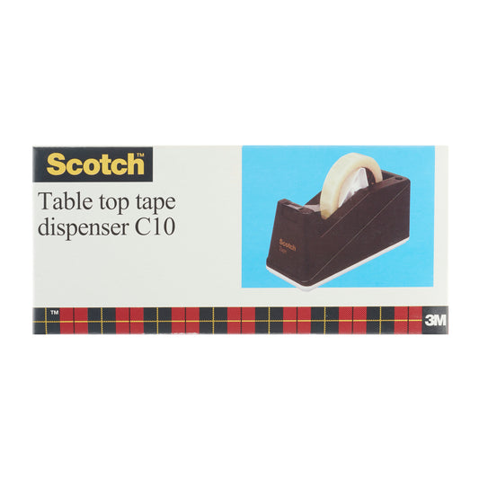 Schachtel für den Scotch™ Tischabroller C10, Schwarz (1 Abroller/Packung) von 3M Deutschland GmbH, zeigt eine Abbildung des Abrollers mit Klebeband auf blauem Hintergrund und rot-gelb kariertem Rand. Das 3M Logo erscheint in der unteren rechten Ecke.