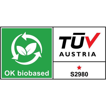Il dispenser da tavolo Scotch™ Karim Rashid di 3M Deutschland GmbH presenta un'etichetta di certificazione con un'area verde con simbolo di riciclaggio e foglie con la scritta "OK biobased" e un'area bianca con "TÜV AUSTRIA", una stella rossa e "S2980".