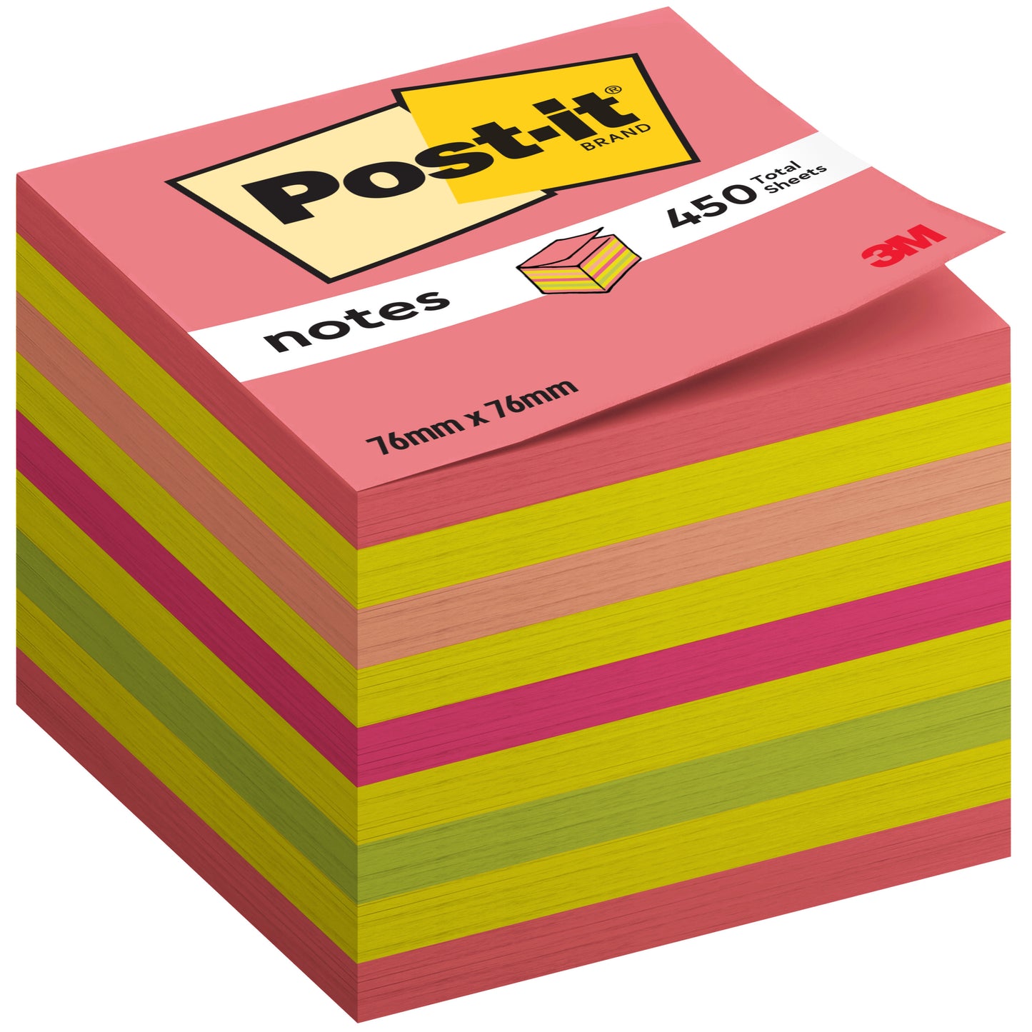 Una pila di blocchi di Post-it® Notes della 3M Deutschland GmbH, 76 x 76 mm, 450 fogli per blocco, certificati al 100% PEFC.