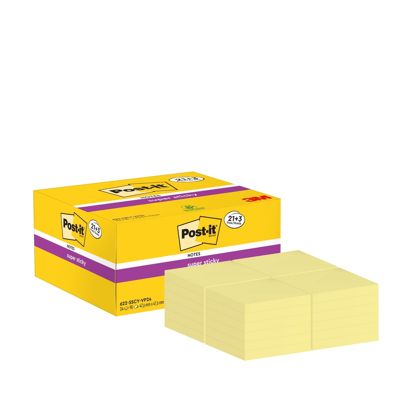 Eine gelbe Schachtel Post-it® Super Sticky Notes, Gelb, 47,6 x 47,6 mm von 3M Deutschland GmbH, enthält 21 Blöcke plus 3 Gratisblöcke mit je 90 Blatt. Hergestellt aus 100 % PEFC-zertifiziertem Papier für zusätzliche Klebekraft (SGSCH-PEFC-COC-110078).