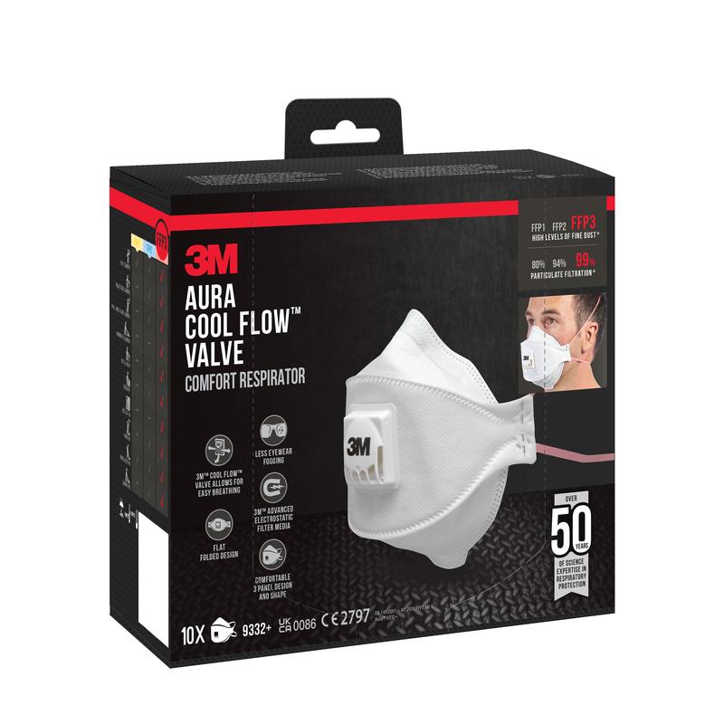 Una scatola con 10 maschere antiparticolato 3M™ Aura™ Comfort Cool Flow™ 9332+ FFP3 di 3M Deutschland GmbH, con un'immagine della maschera, una persona che la indossa e dettagli su protezione e comfort con una valvola per una respirazione più facile.