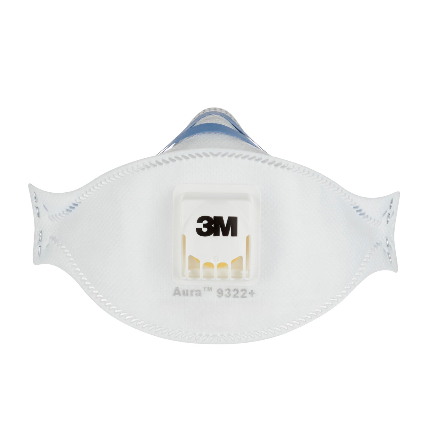 È raffigurata una 3M™ Aura™ Comfort Cool Flow™ Maschera antiparticolato 9322+, FFP2, con valvola di 3M Deutschland GmbH con valvola centrale e marchio visibile, fotografata su uno sfondo bianco semplice.