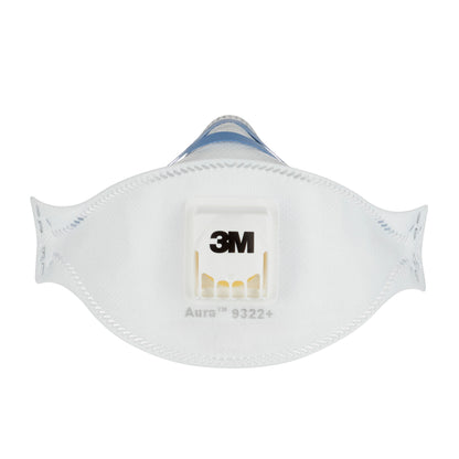 È raffigurata una 3M™ Aura™ Comfort Cool Flow™ Maschera antiparticolato 9322+, FFP2, con valvola di 3M Deutschland GmbH con valvola centrale e marchio visibile, fotografata su uno sfondo bianco semplice.