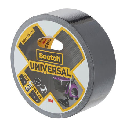 Un rotolo di nastro adesivo Scotch® Universal 2904 (50 m x 48 mm) della 3M Deutschland GmbH, con nastro nero sul rotolo e un imballaggio giallo-nero con un ritaglio che mostra la texture del nastro adesivo.