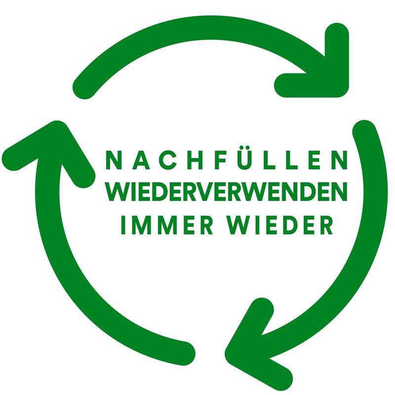 Frecce verdi circolari formano un simbolo di riciclaggio attorno alla scritta "Ricaricare Riutilizzare Sempre" sulla confezione bianca del dispenser da tavolo Scotch™ Karim Rashid di 3M Deutschland GmbH.