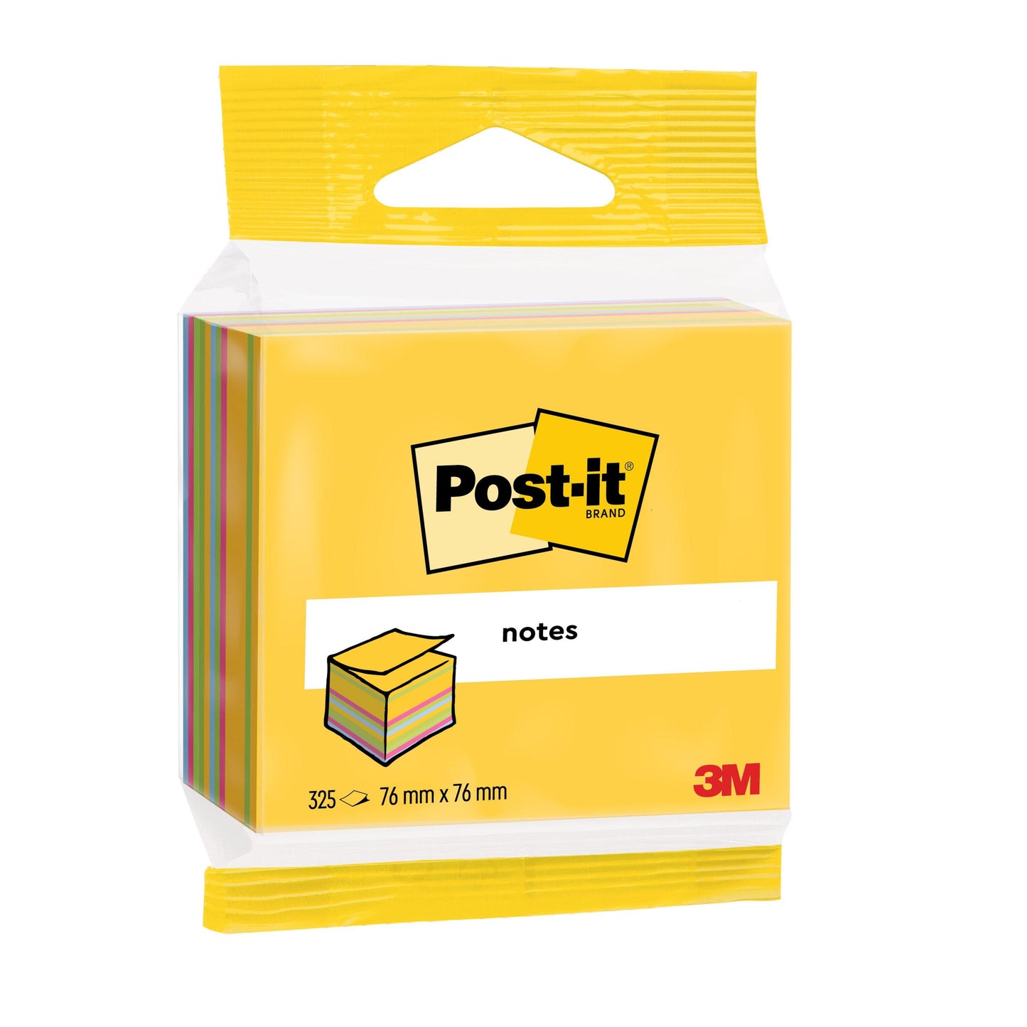 Una confezione di cubi Post-it® Notes della 3M Deutschland GmbH, 76 x 76 mm, 450 fogli per blocco, assortiti per colore e certificati PEFC.