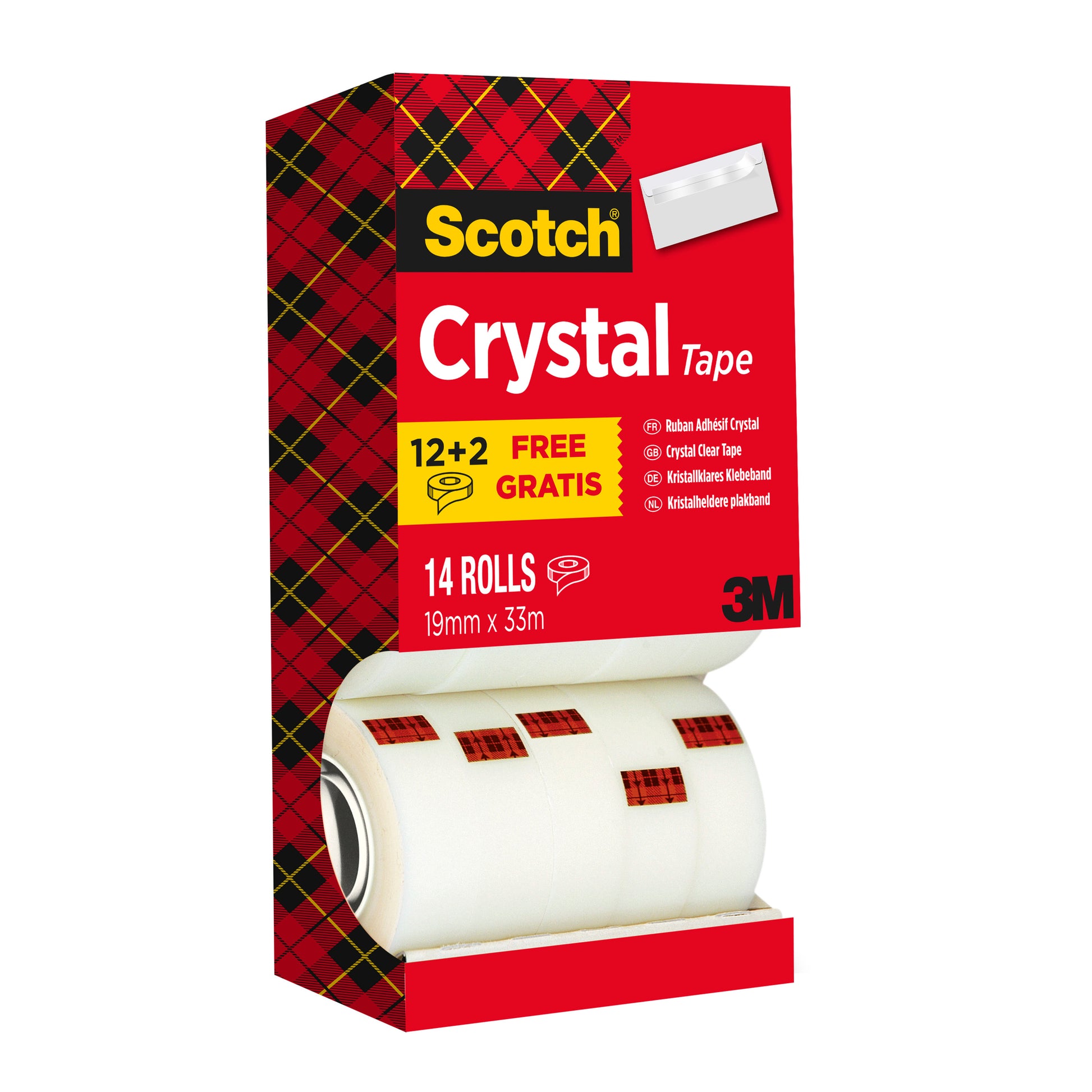 Das Scotch® Crystal Klebeband Vorteilspack der 3M Deutschland GmbH enthält 14 Rollen (19mm x 33m) transparentes Klebeband in einer mehrsprachigen Verpackung mit dem rotkarierten Design und Produktinformationen.
