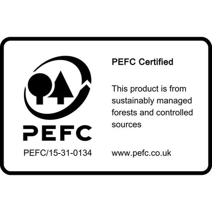 L'etichetta PEFC in bianco e nero sui foglietti adesivi Post-it® della 3M Deutschland GmbH (76 mm x 76 mm, 100 fogli/blocco, 100% PEFC) mostra un logo ad albero, il numero del certificato, l'indirizzo web e il testo che il materiale proviene da foreste gestite in modo sostenibile.