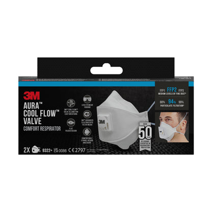 Una scatola con 3M™ Aura™ Comfort Cool Flow™ Maschera antiparticolato 9322+ FFP2 di 3M Deutschland GmbH, che mostra due maschere bianche con una valvola, dettagli del prodotto e simboli per la respirabilità e l'efficace filtrazione delle particelle.