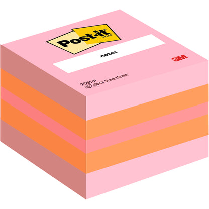 Ein Stapel Post-it® Notes Mini Würfel, 51 mm x 51 mm, 400 Blatt/Block von 3M Deutschland GmbH, mit rosa und orangefarbenen Blättern und sichtbarem Branding auf dem obersten Zettel.