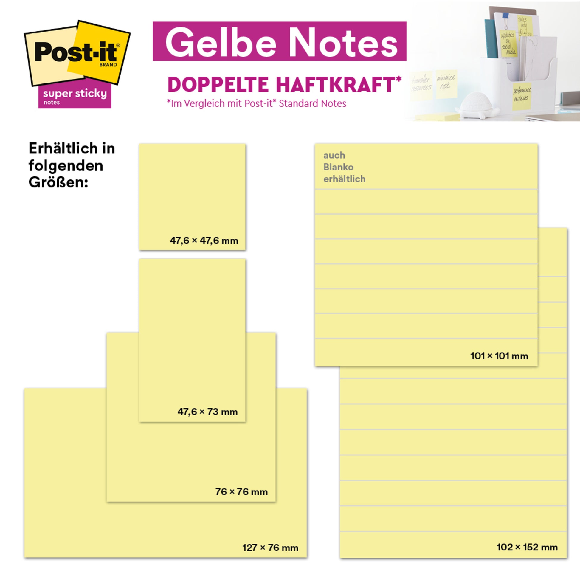 Eine Anzeige für Post-it® Super Sticky Notes, Gelb (47,6 x 47,6 mm), von 3M Deutschland GmbH zeigt vier gelbe Größen - 47,6 x 47,6 mm, 76 x 76 mm, 127 x 76 mm und 101 x 101 mm - mit doppelter Klebkraft.