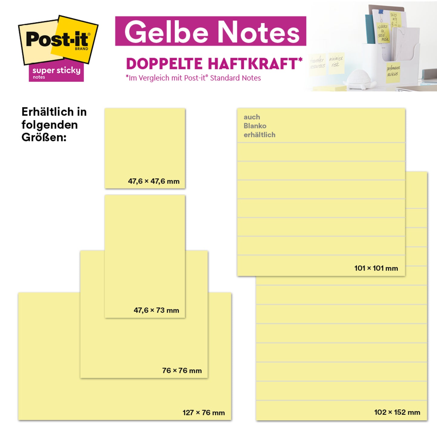 Werbung für Post-it® Notes in gelb von 3M Deutschland GmbH: 38 x 51 mm, 100 Blatt/Block, Packung mit 16 Blöcken + 4 gratis (Promotion). Hergestellt aus 100% PEFC-zertifiziertem Papier (SGSCH-PEFC-COC-110078). Inklusive praktischem Promotion-Pack.