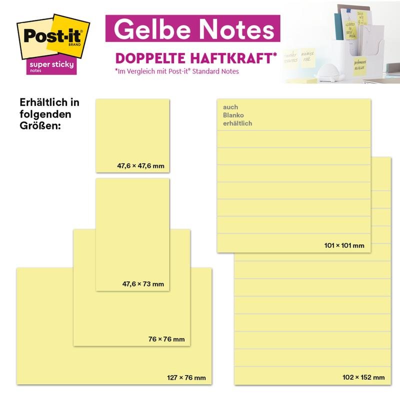 Un'infografica mostra i foglietti adesivi Post-it® in formato grande, gialli, rigati, 101 x 101 mm, 300 fogli/blocco - ecologici e certificati 100% PEFC (SGSCH-PEFC-COC-110078) - con adesione extra forte di 3M Deutschland GmbH.