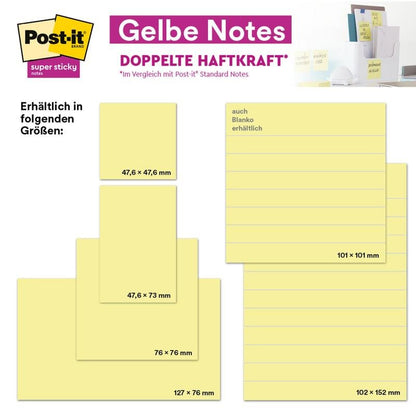 Un'infografica mostra i foglietti adesivi Post-it® in formato grande, gialli, rigati, 101 x 101 mm, 300 fogli/blocco - ecologici e certificati 100% PEFC (SGSCH-PEFC-COC-110078) - con adesione extra forte di 3M Deutschland GmbH.