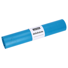 Abgebildet ist eine Rolle blauer DEISS 20001 Müllbeutel (700x1100 mm Typ 100, 20 Stück) der EMIL DEISS KG (GmbH + Co.) mit weißem Mitteletikett auf einfarbig weißem Hintergrund, das robuste Müllbeutel für effiziente Abfallentsorgung hervorhebt.