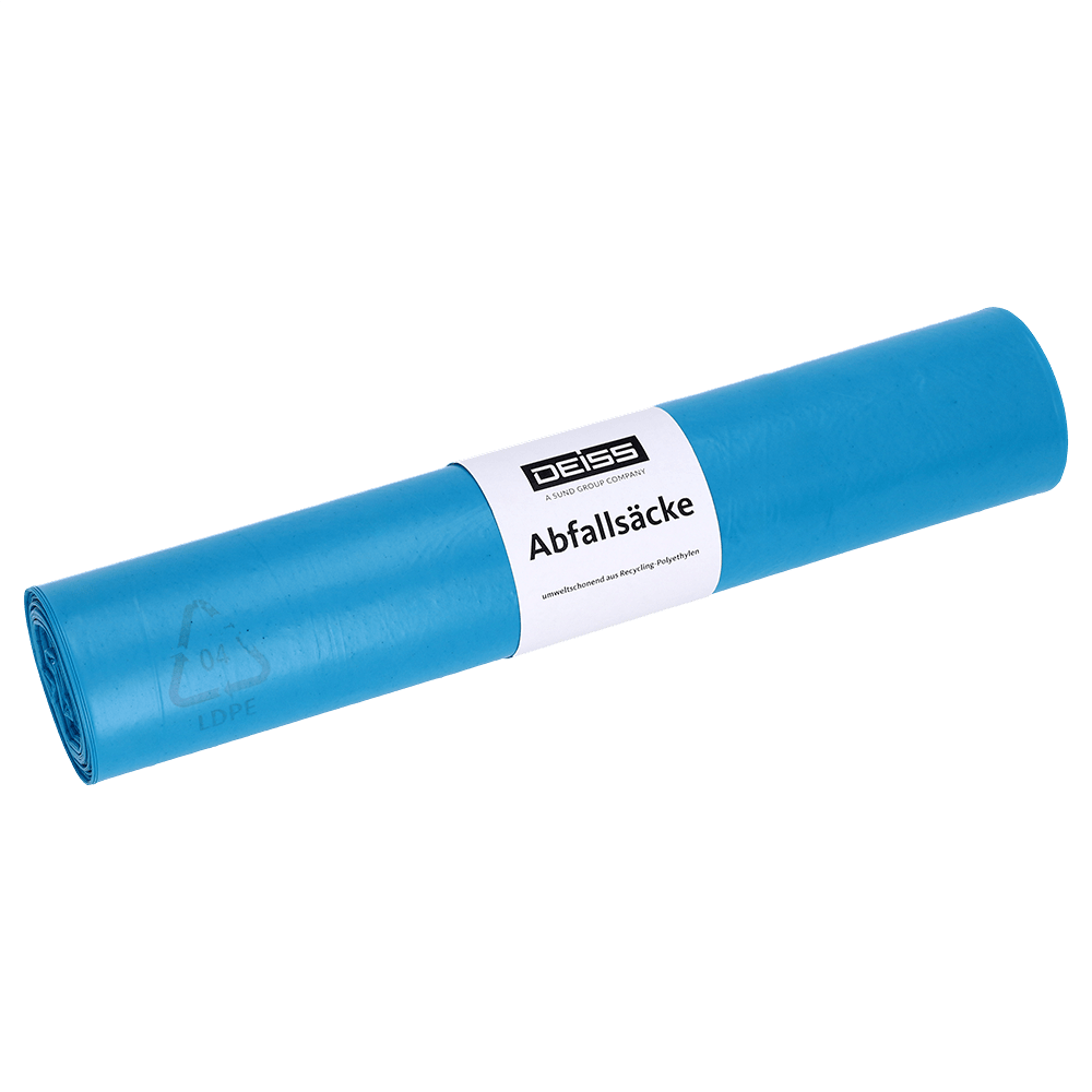 Sacchi per rifiuti Deiss in LDPE riciclato, tipo 70, 120 litri, 700x1100 mm, blu | Rotolo (25 pezzi)