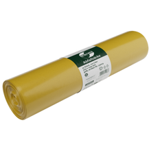 Eine Rolle DEISS 23004 gelbe Müllsäcke (700x1100 mm, Typ 60, 25 Stück) von EMIL DEISS KG (GmbH + Co.) mit einem weiß-grünen Etikett, das üblicherweise als Schutzfolie oder Abdeckfolie im Baugewerbe verwendet wird, auf hellgrauem Hintergrund.